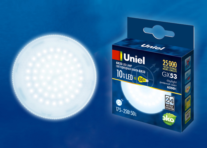 LED-GX53-10W/6500K/GX53/FR PLZ01WH Лампа светодиодная, матовая. Дневной свет (6500K). Картон. ТМ Un LED-GX53-10W/6500K/GX53/FR PLZ01WH Лампа светодиодная, матовая. Дневной свет (6500K). Картон. ТМ Un